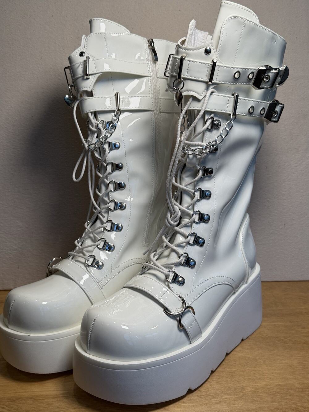Women’s White Patent Platform Knee High Goth Combat Boots Size EU 40 US 9